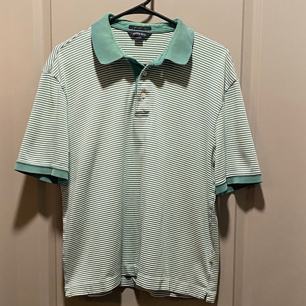 Lands’ End Supima Cotton Stripe Polo Shirt Mens Medium Green White Preppy Golf